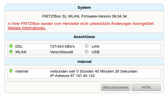 In Ihrer FRITZ!Box wurden vom Hersteller nicht unterstützte Änderungen durchgeführt.